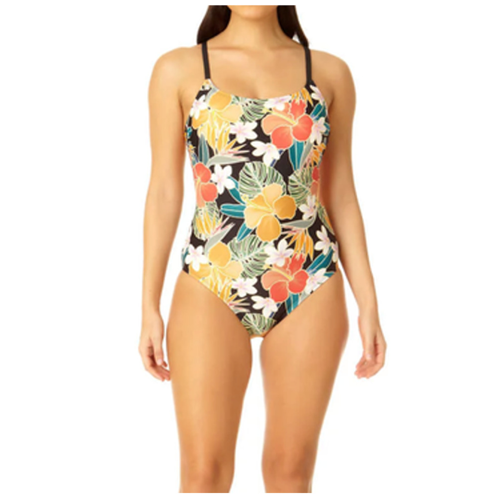 Hurley One-Piece Swimsuit Size L UPF 50+ 4-Way Stretch Black Multi Floral Modest